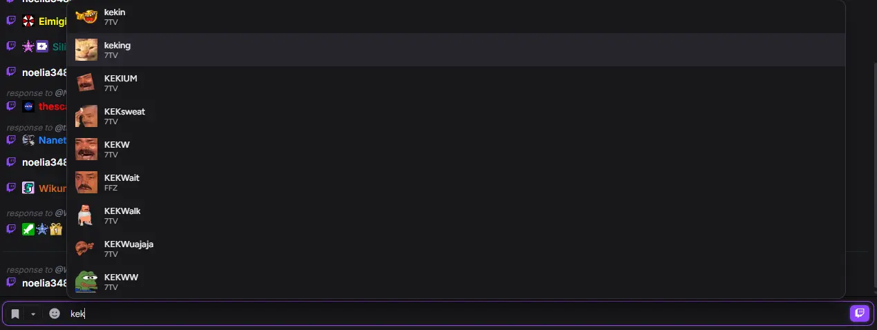 Emote autocomplete popup showing emote search results