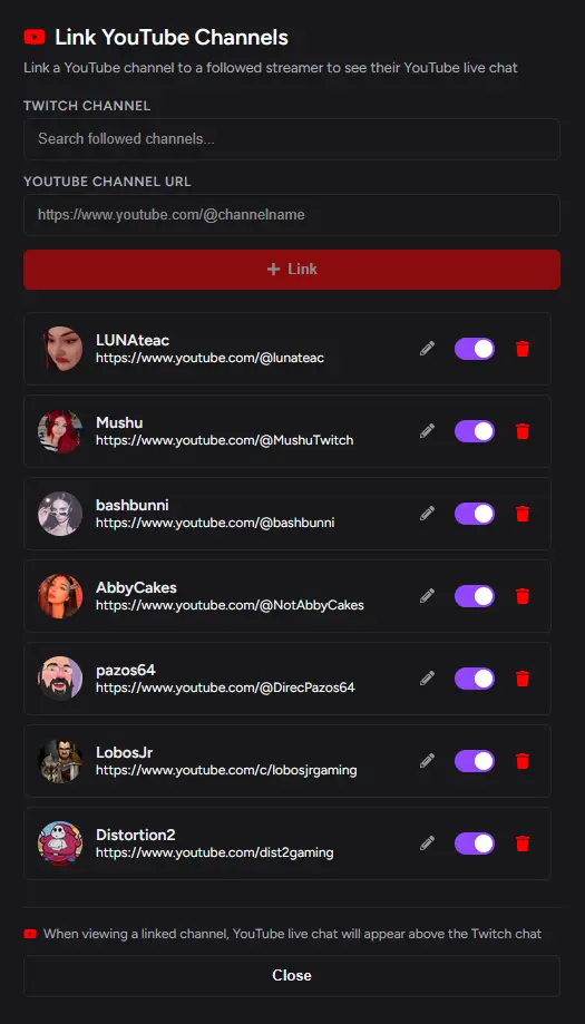 YouTube channel linking interface