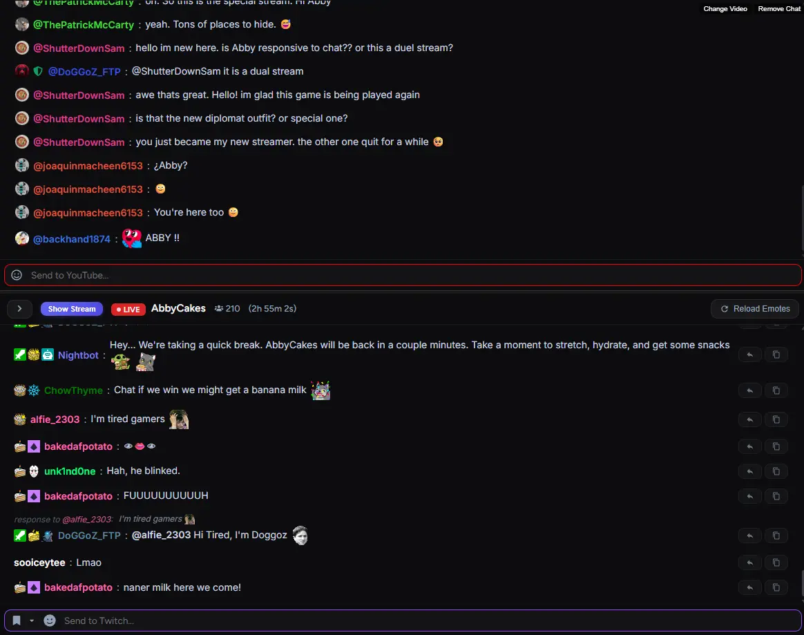 Separated chat view with Twitch and YouTube side by side