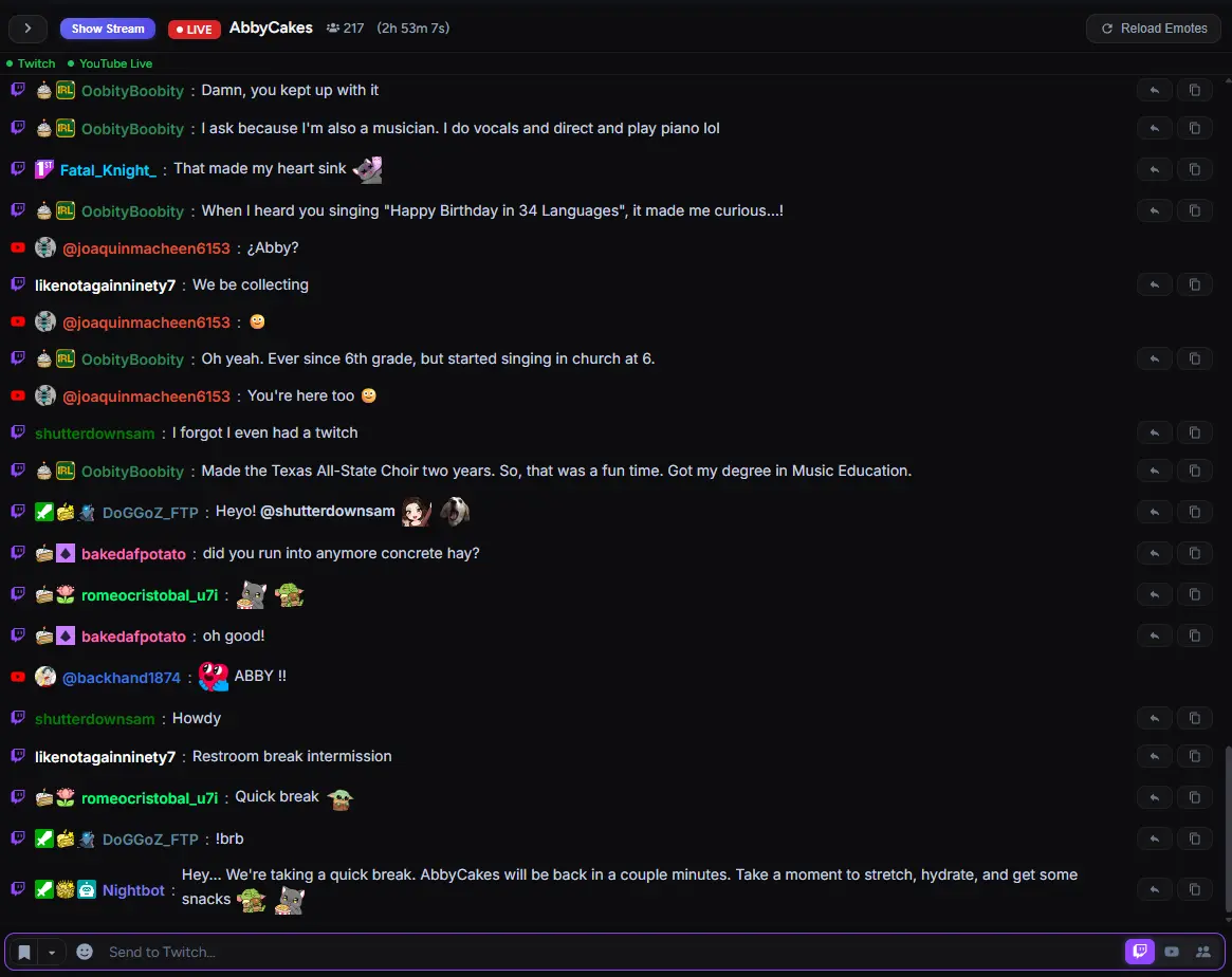 Unified chat view showing both Twitch and YouTube messages together